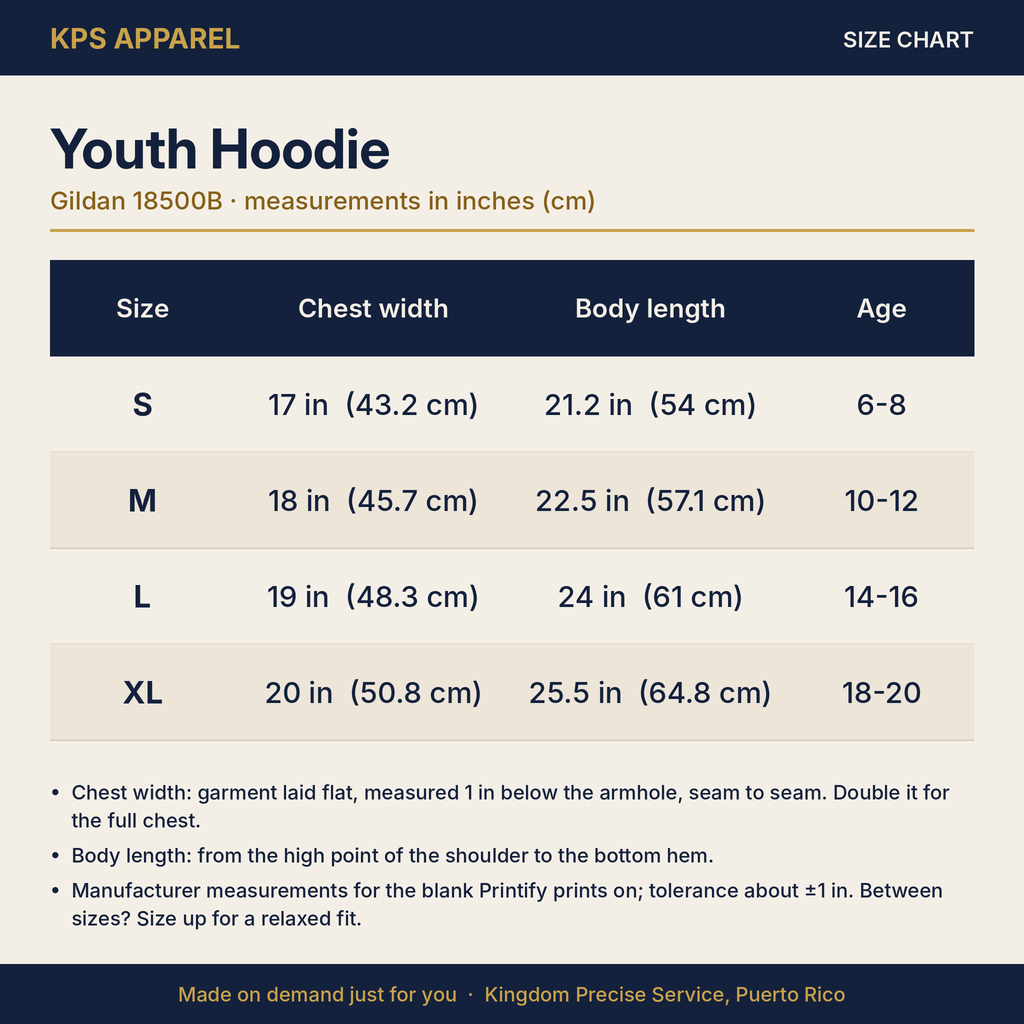 Be Strong Youth Hoodie, size chart with measurements