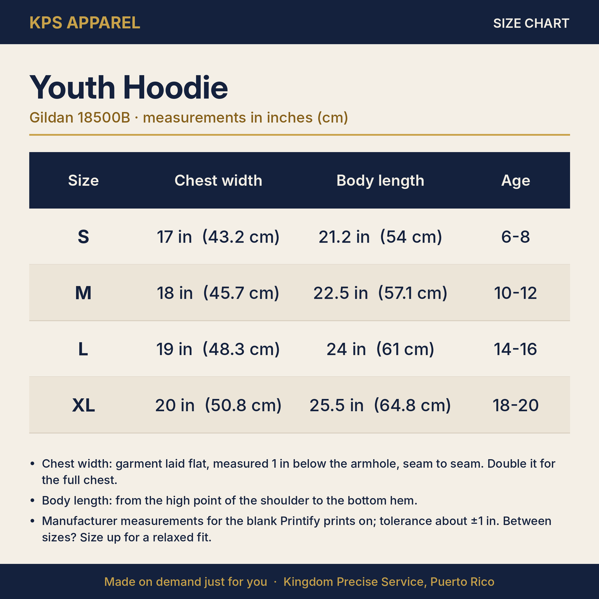 My Night Light Is His Word Youth Hoodie, size chart with measurements