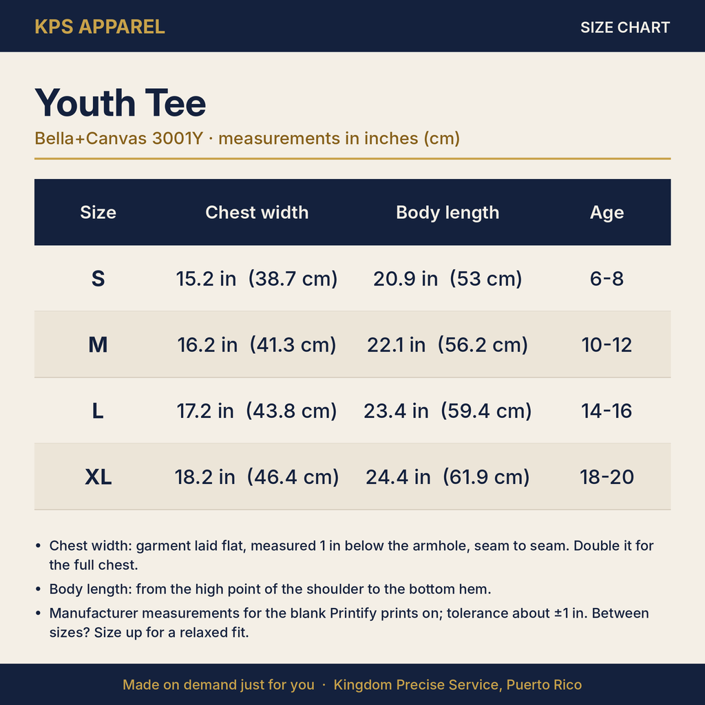 Hills Make Patience Youth Tee, size chart with measurements