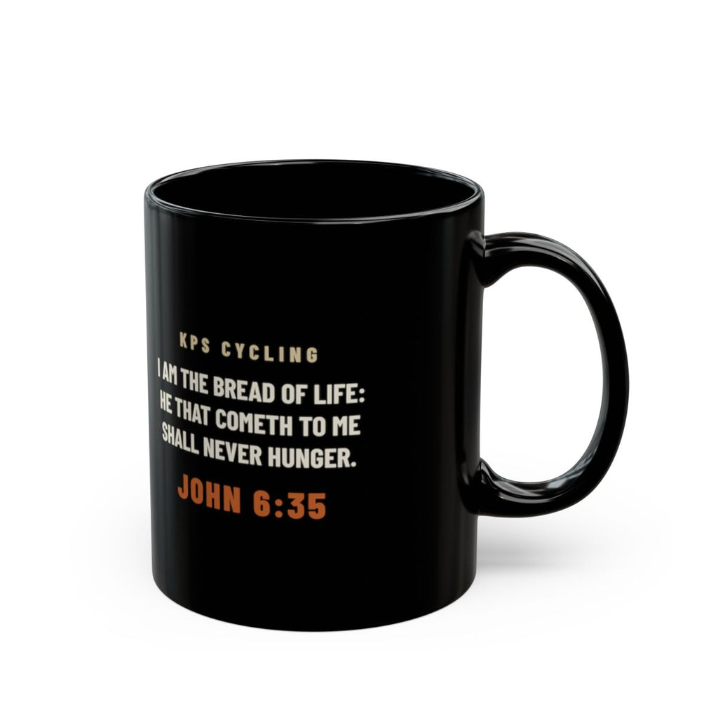 Carbo-Load Facts Black Mug, black 11 oz, back view with the verse, CARBO-LOAD FACTS. John 6:35 (KJV)