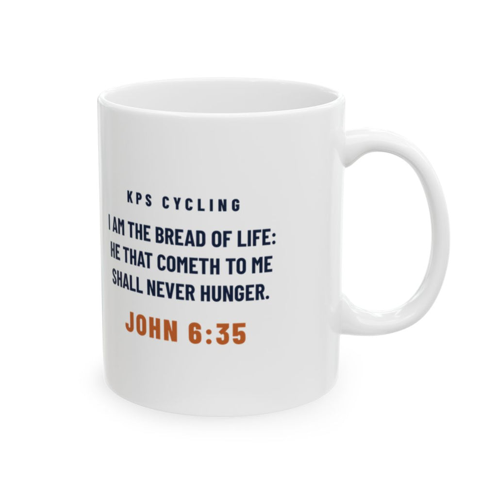 Carbo-Load Facts Mug, white 11 oz, back view with the verse, CARBO-LOAD FACTS. John 6:35 (KJV)