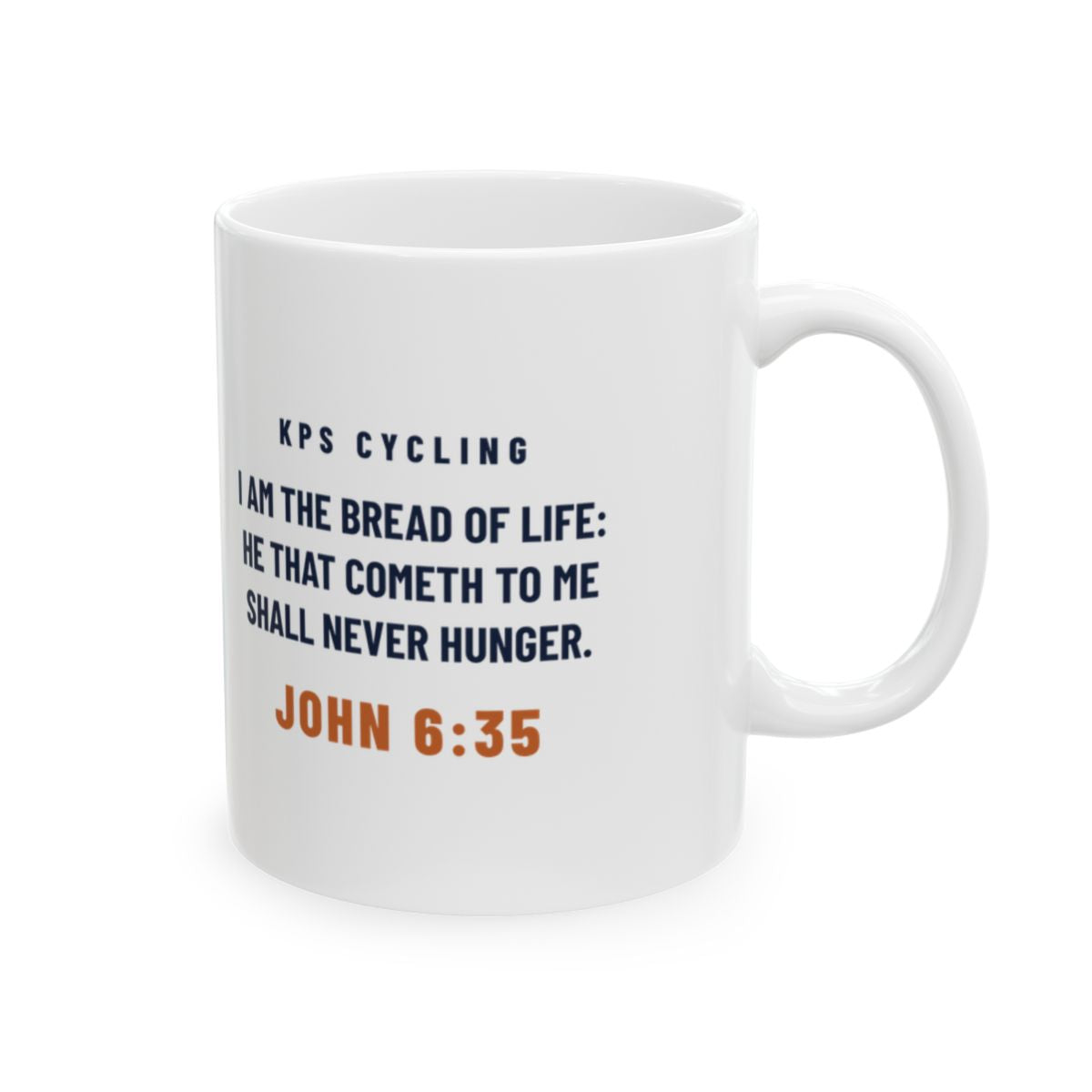 Carbo-Load Facts Mug, white 11 oz, back view with the verse, CARBO-LOAD FACTS. John 6:35 (KJV)