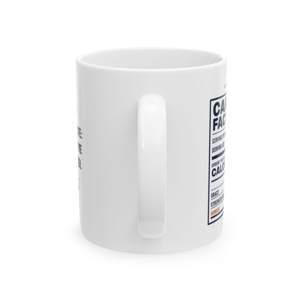 Carbo-Load Facts Mug, white 11 oz, handle view, CARBO-LOAD FACTS. John 6:35 (KJV)