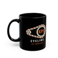 KPS Cycling Club Black Mug, black 11 oz, front view with the KPS chainring logo, KPS CYCLING CLUB. Ecclesiastes 4:12 (KJV)