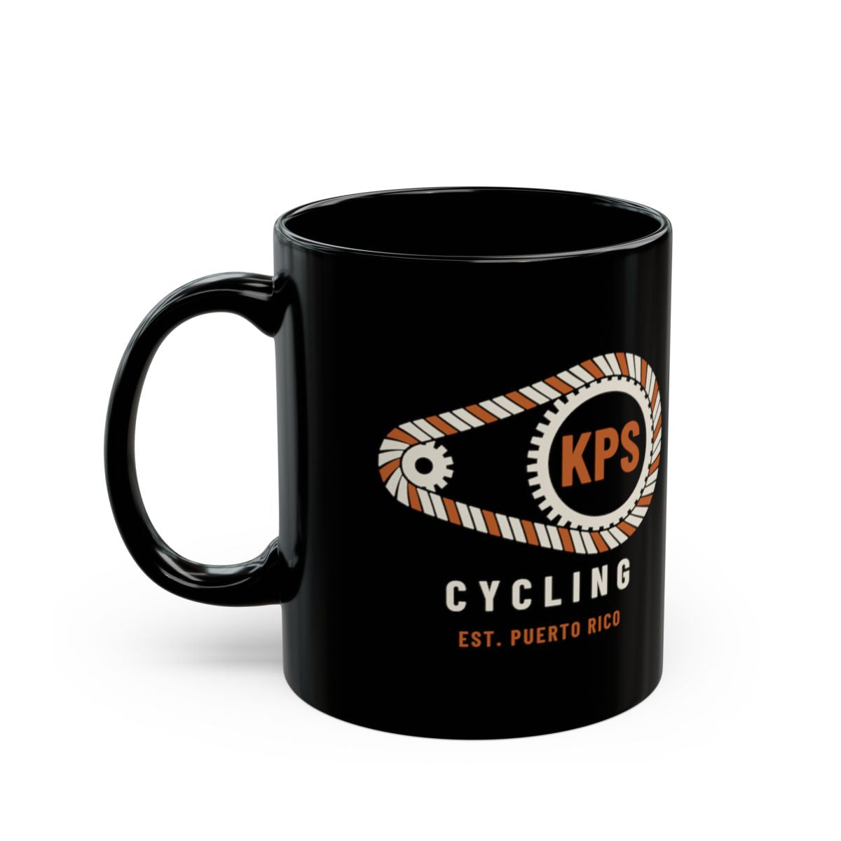 KPS Cycling Club Black Mug, black 11 oz, front view with the KPS chainring logo, KPS CYCLING CLUB. Ecclesiastes 4:12 (KJV)
