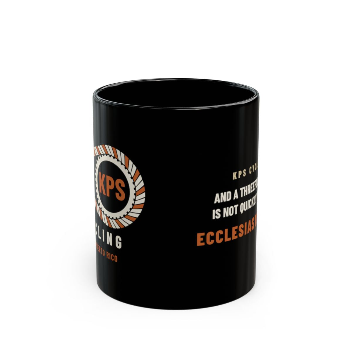 KPS Cycling Club Black Mug, black 11 oz, side view, KPS CYCLING CLUB. Ecclesiastes 4:12 (KJV)