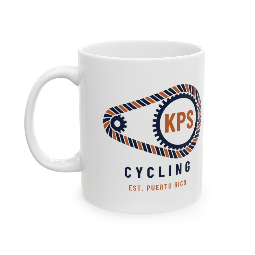 KPS Cycling Club Mug, white 11 oz, front view with the KPS chainring logo, KPS CYCLING CLUB. Ecclesiastes 4:12 (KJV)