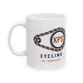 KPS Cycling Club Mug, white 11 oz, front view with the KPS chainring logo, KPS CYCLING CLUB. Ecclesiastes 4:12 (KJV)