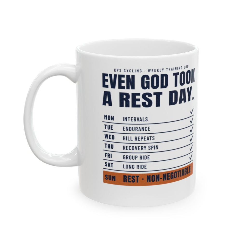 Rest Day Training Log Mug, white 11 oz, front view with the weekly training log, EVEN GOD TOOK A REST DAY. Genesis 2:2 (KJV)