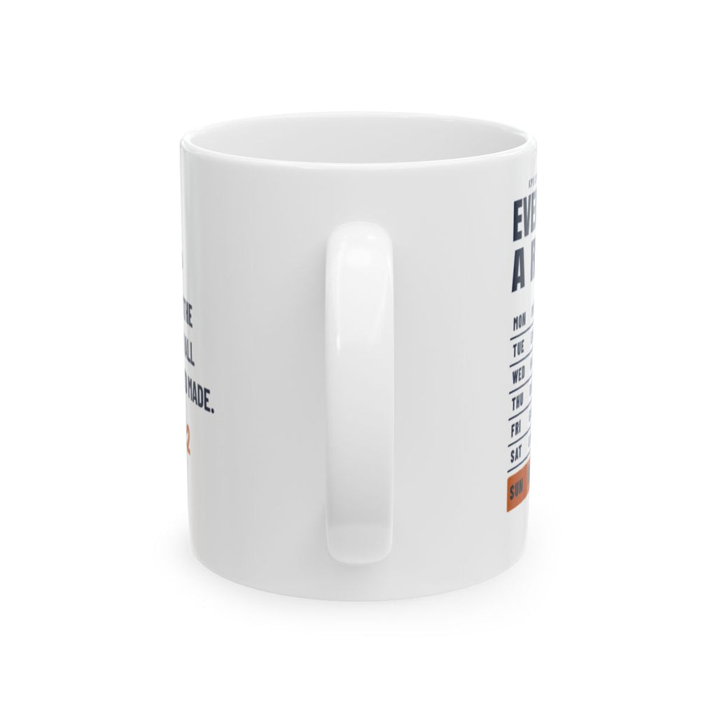 Rest Day Training Log Mug, white 11 oz, handle view, EVEN GOD TOOK A REST DAY. Genesis 2:2 (KJV)